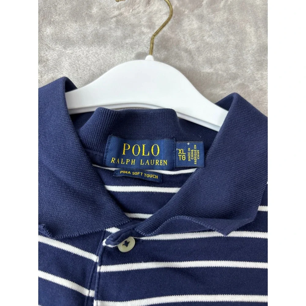 Polo Ralph Lauren Mens XL Pima Soft Touch Striped Polo Shirt Navy Blue White